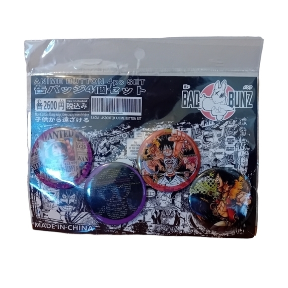 BNIB Bad Bunz Anime Japan Buttons Pins OnePiece Monkey D Luffy‎ - Picture 1 of 9